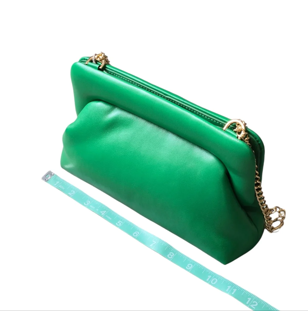 New Puff Clutch Vibrant Green Faux Leather - Sleek Gold Chain Strap Shoulder Bag